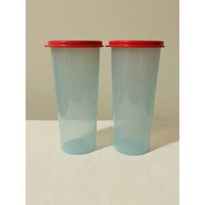 Vintage Tupperware 16oz Tumbler Cups Aquamarine Blue With Pink Lids #5107
